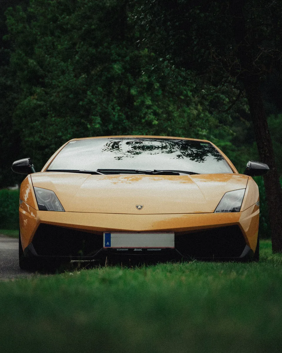 Goldener Lamborghini zwischen Bäumen